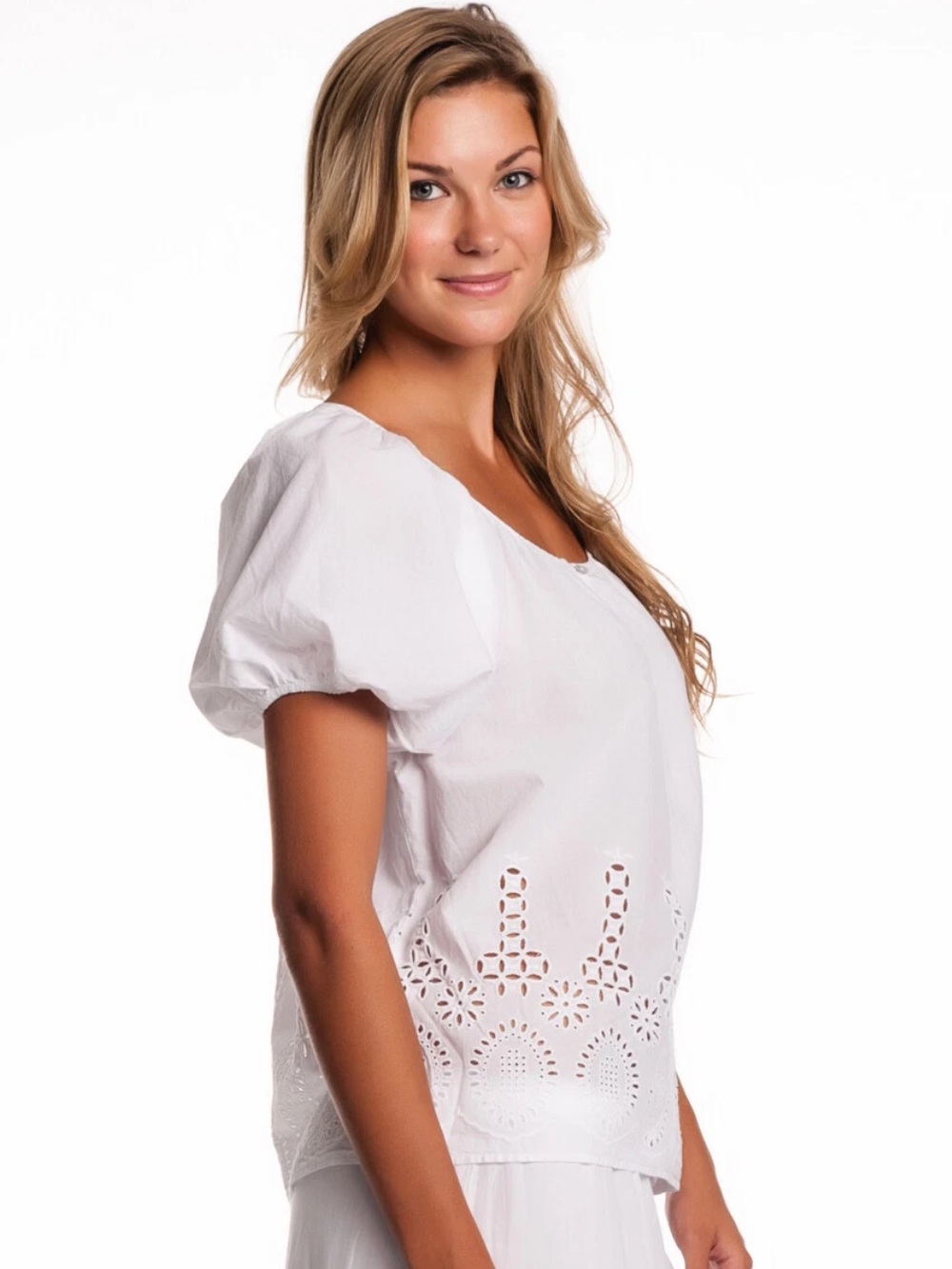 VELVET White Eyelet Romantic Feminine Puff-Sleeve Blouse Peasant Top L